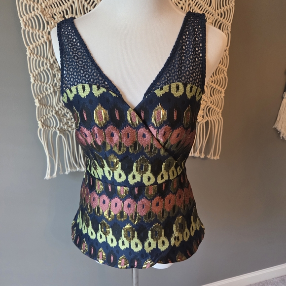 HD in Paris Tops - Anthropologie Navy and Multicolor Metallic Tank Top